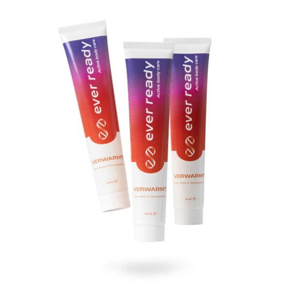 Ever Ready warmte creme 3 pack met zwevende fotografie. Verwarmt je spieren en gewricten